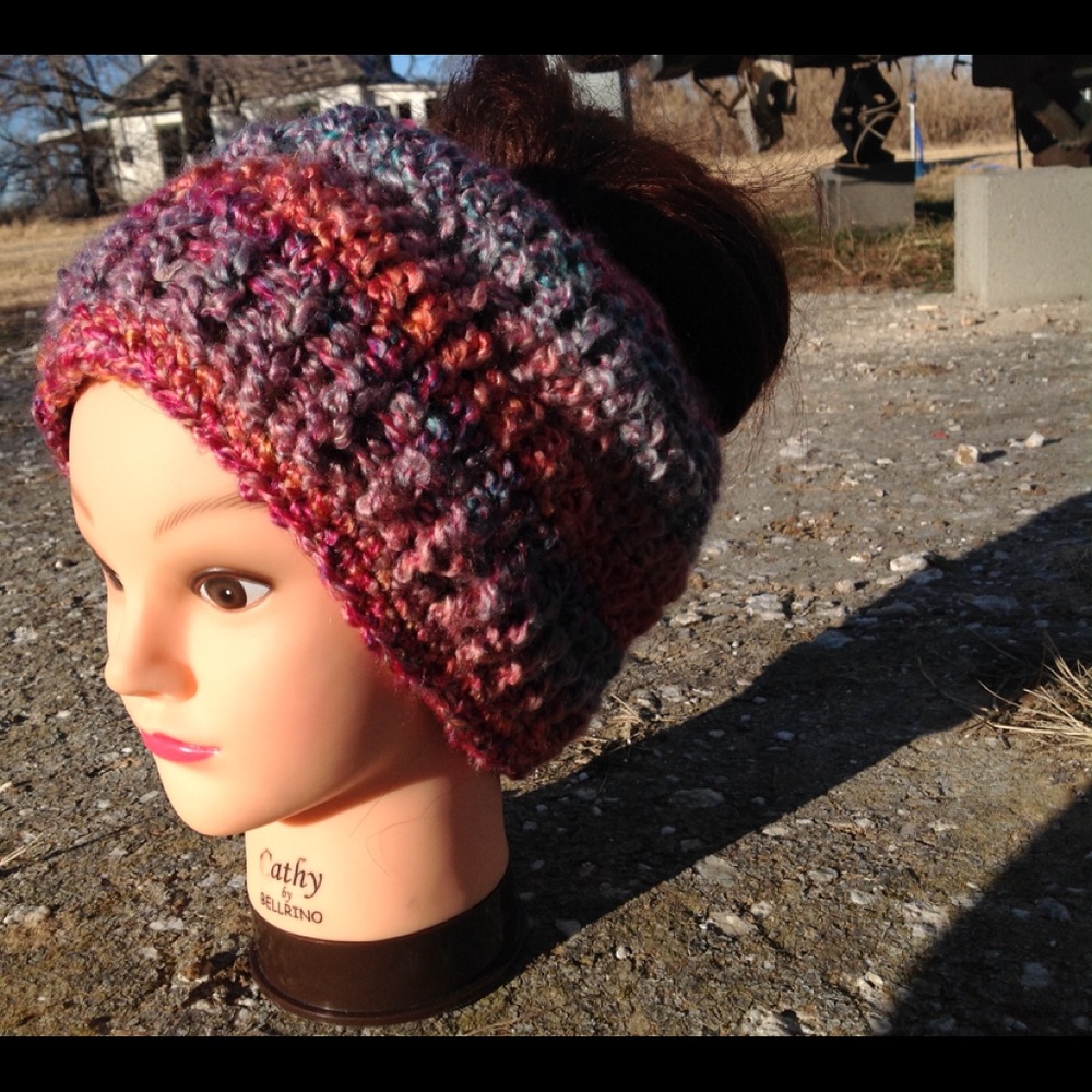 Multi color messy bun beanie. NWOT/SOLD